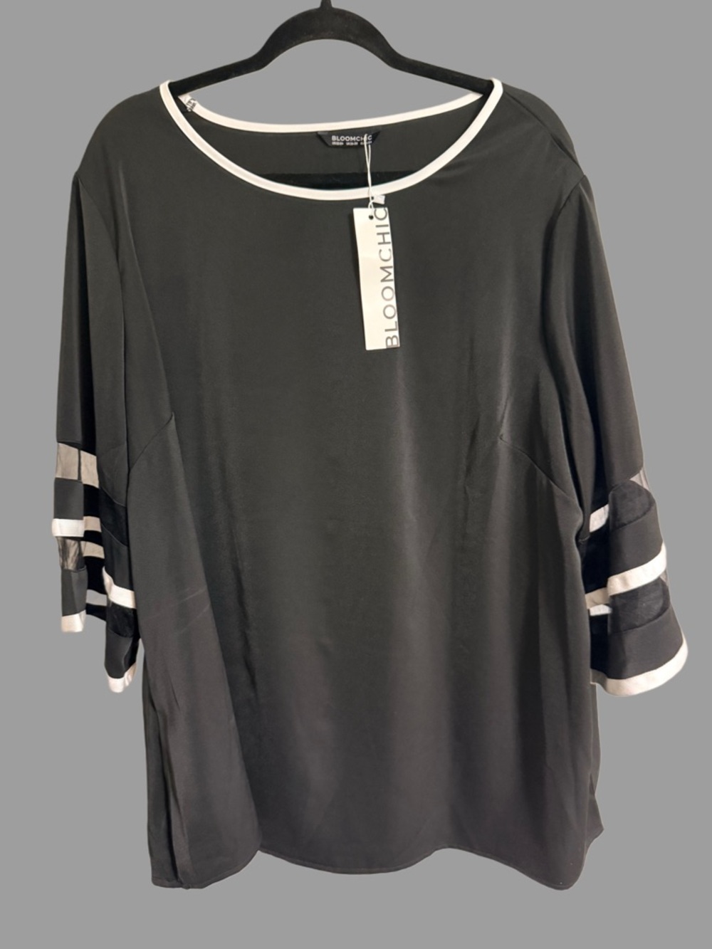 BloomChic Black Top with White Neckline and Sleeve Stripes